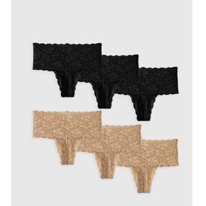 NEW Quince Stretch Lace Thong Cheeky 6 Pack Black and Beige Size M Low-Rise